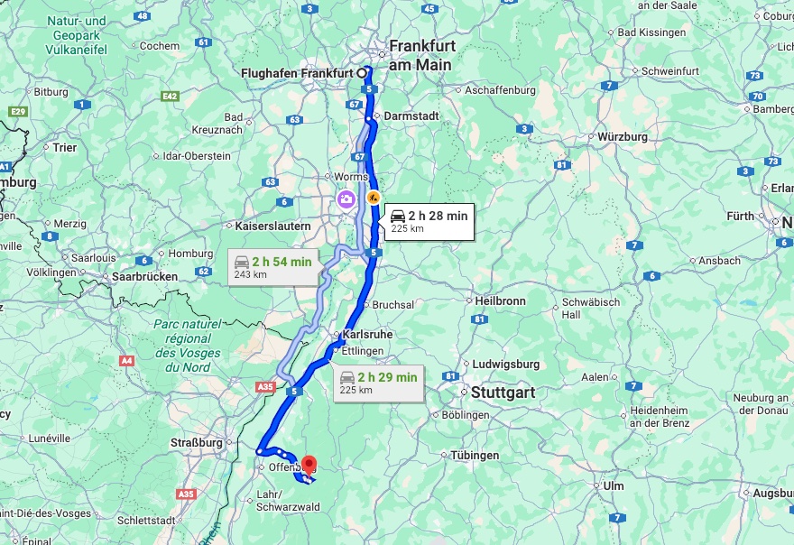 Map: Frankfurt – Offenburg – Palm Springs Lodge